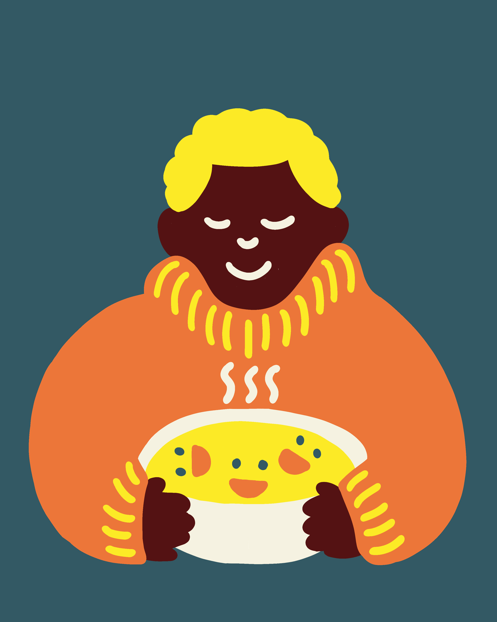 Illustration of a person wearing a thick jumper holding a bowl of soup